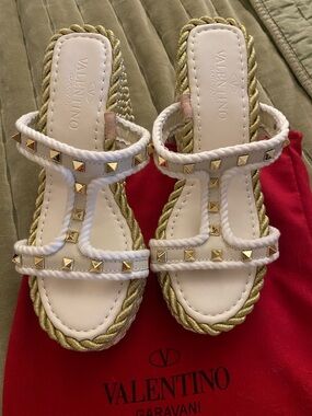 Valentino White Rope Studded Slide Sandals with Gold Trim
